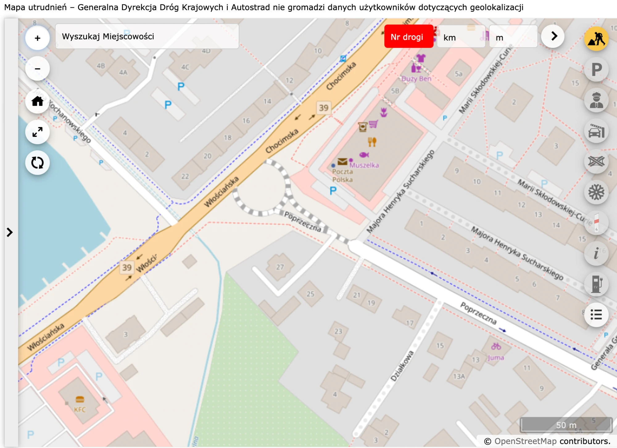 Krajowy Punkt Dostępowy pokazuje zamkniętą ul. Poprzeczną, ale pomija ruch wahadłowy na ul. Chocimskiej i Włościańskiej