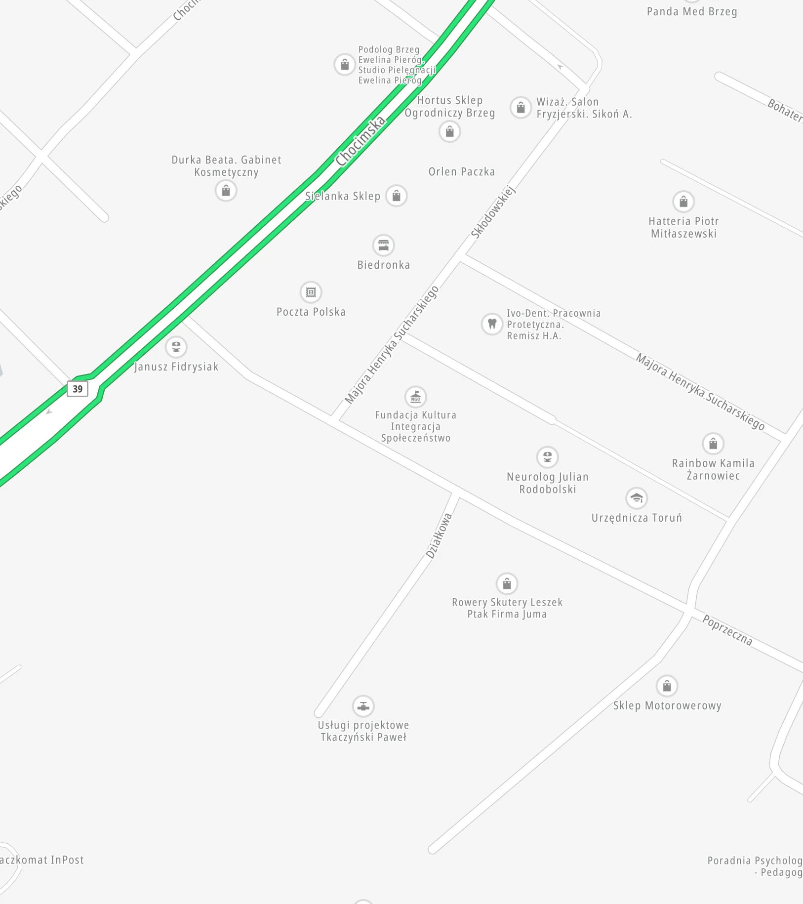 TomTom nie pokazuje żadnego utrudnienia na ul. Poprzecznej, Chocimskiej ani Włościańskiej
