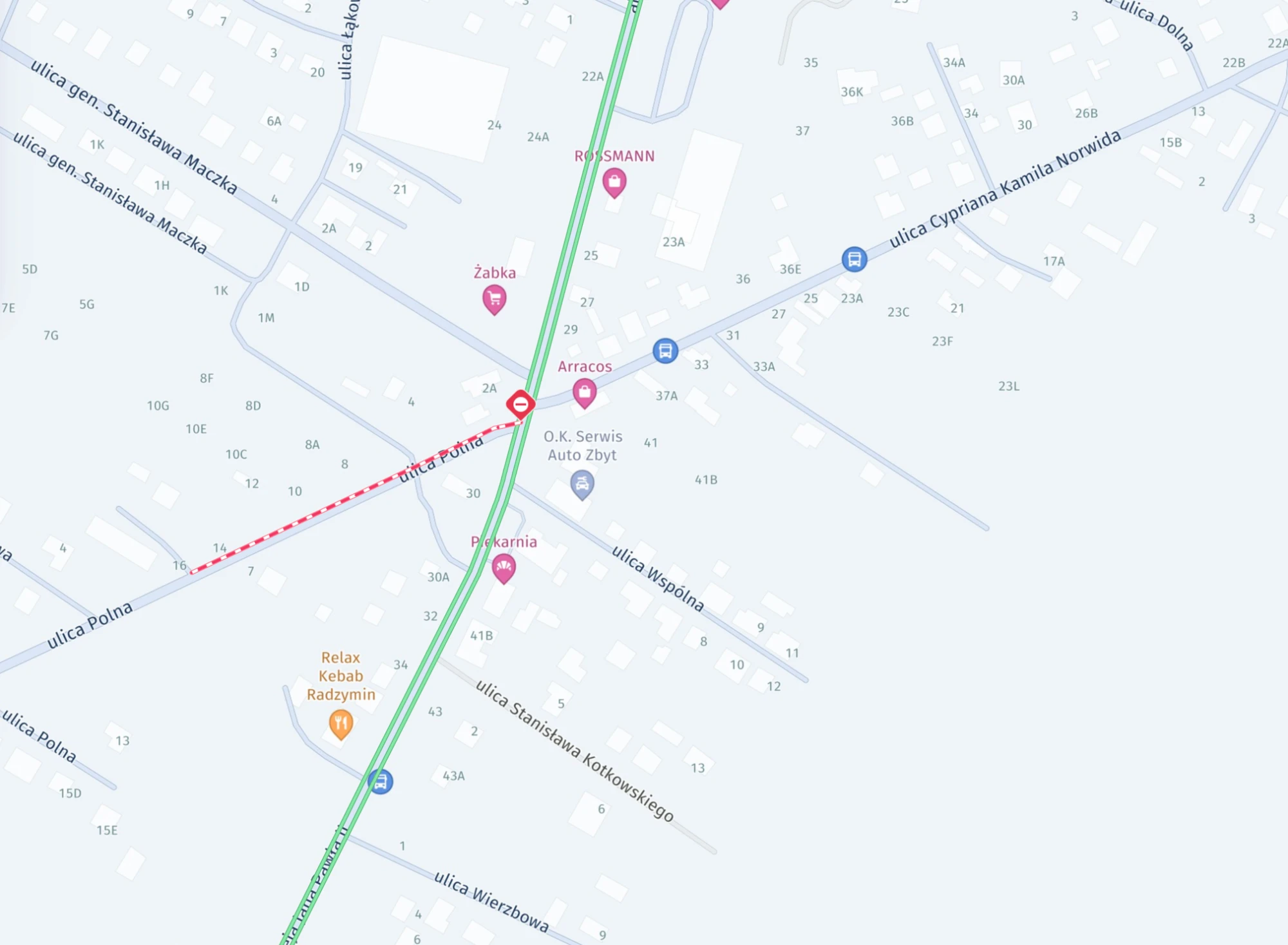 HERE planuje trasę przez zamkniętą ul. Jana Pawła II — brak rozpoznania faktycznego zamknięcia